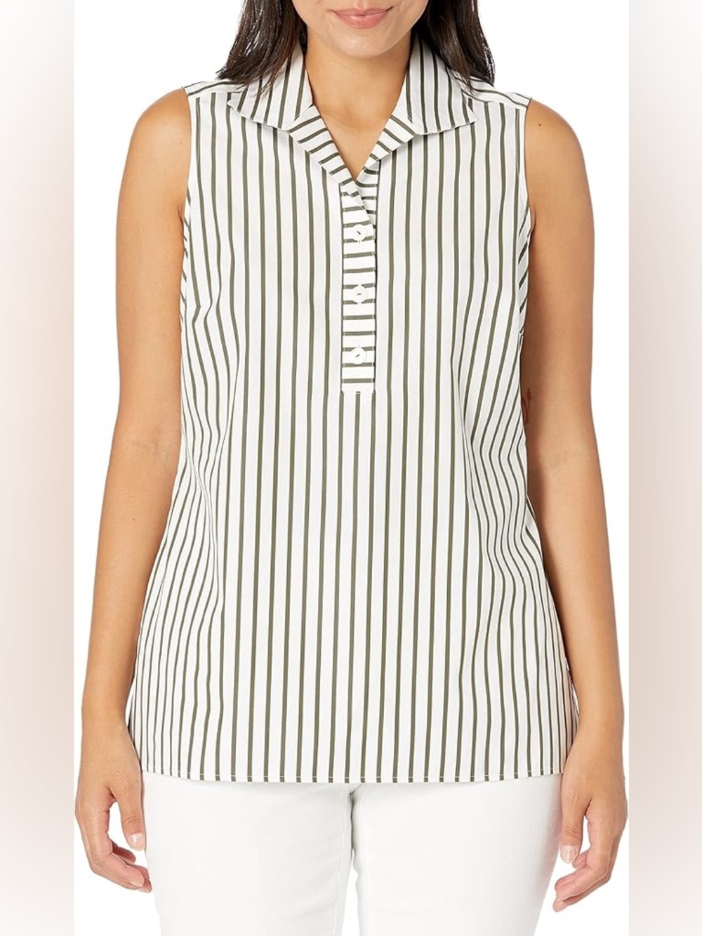 FOXCROFT Women’s 100% Cotton Sleeveless Non Iron Olive Stripe Button Top EUC 12